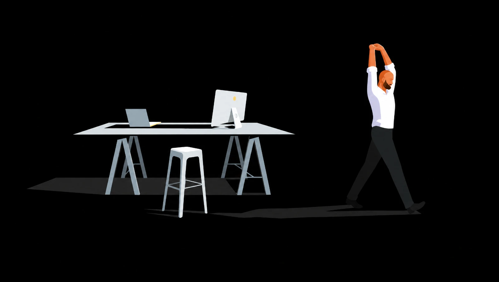 Flat vector illustration: a wide view of the trestle desk setup with Max walking away from it, arms stretched, a long evening shadow across the floor.